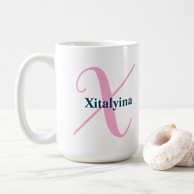 Personalised Pink Monogram Letter X Custom Name Coffee Mug (With Donut)