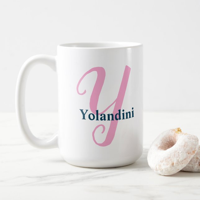 Personalised Pink Monogram Letter Y Custom Name Coffee Mug (With Donut)