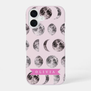 Personalised Pink Moon Phase Celestial Name Gift iPhone 16 Case