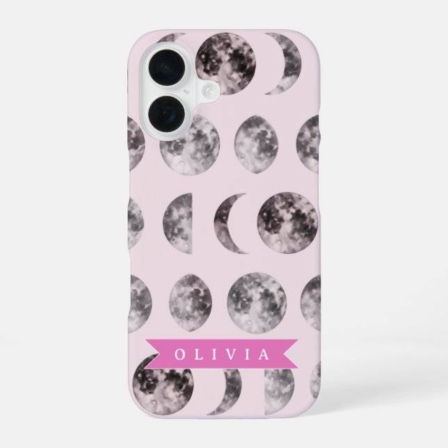 Personalised Pink Moon Phase Celestial Name Gift iPhone 16 Case (Back)