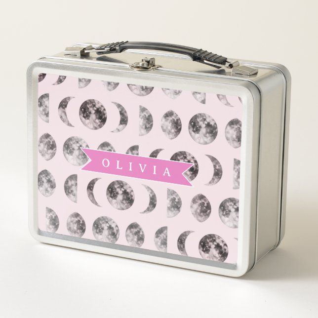 Personalised Pink Moon Phase Celestial Name Gift Metal Lunch Box (Front)