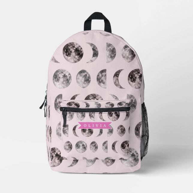 Personalised Pink Moon Phase Celestial Name Gift Printed Backpack (Front)