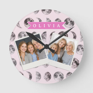 Personalised Pink Moon Phase Celestial Name Gift Round Clock