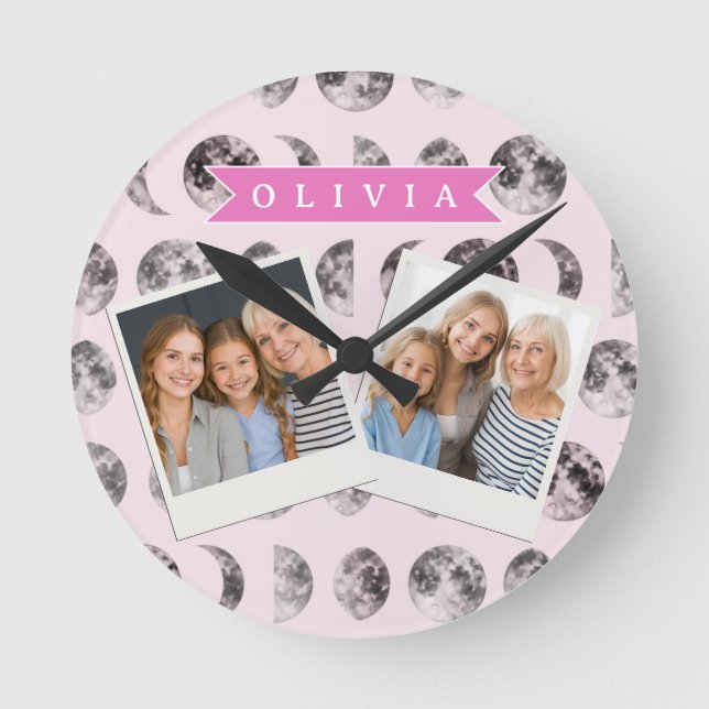 Personalised Pink Moon Phase Celestial Name Gift Round Clock (Front)