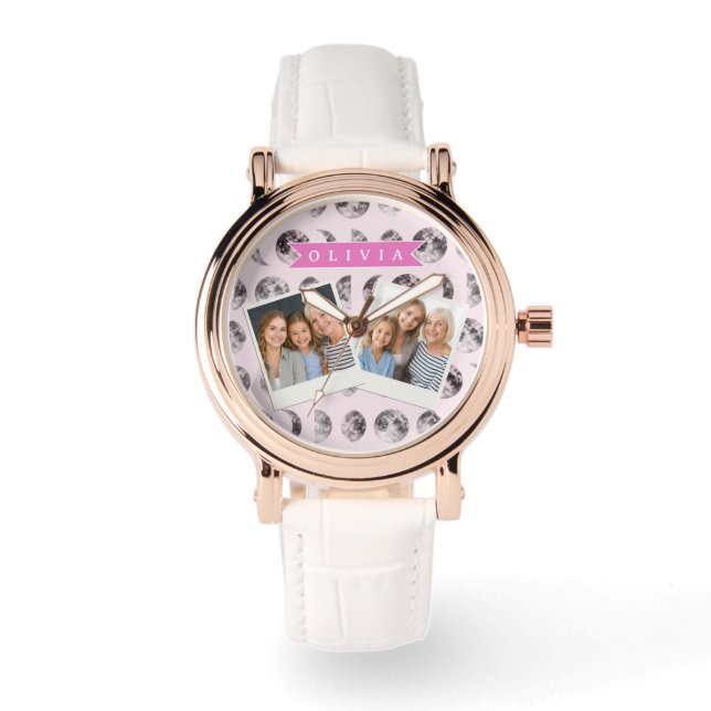 Personalised Pink Moon Phase Celestial Name Gift Watch (Front)