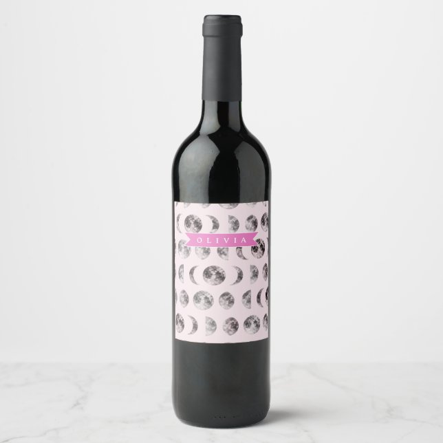 Personalised Pink Moon Phase Celestial Name Gift Wine Label (Front)