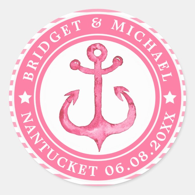 Personalised Pink Nautical Anchor Wedding Stickers (Front)