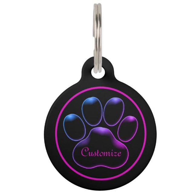 Personalised Pink Neon Glow Paw Print Pet Tag (Front)