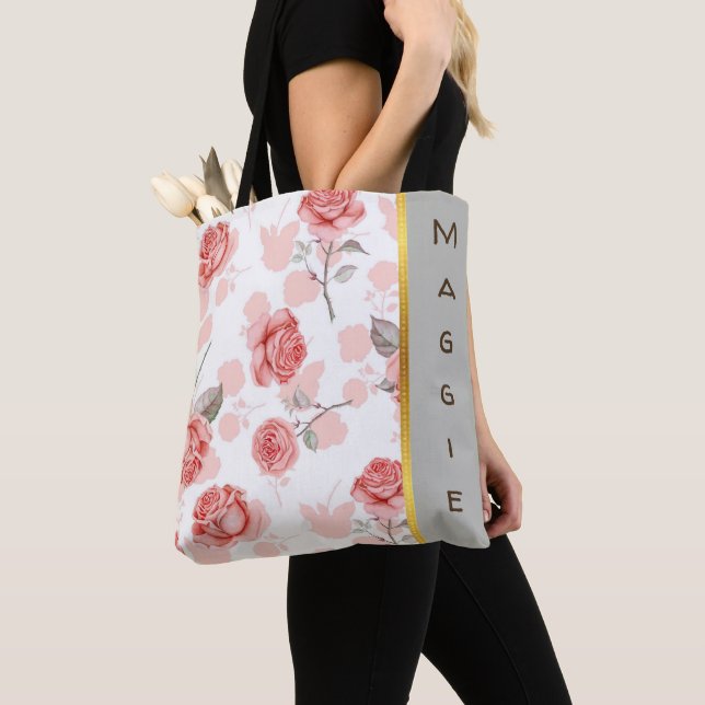 Personalised Pink on White Rose Design Tote Bag (Close Up)