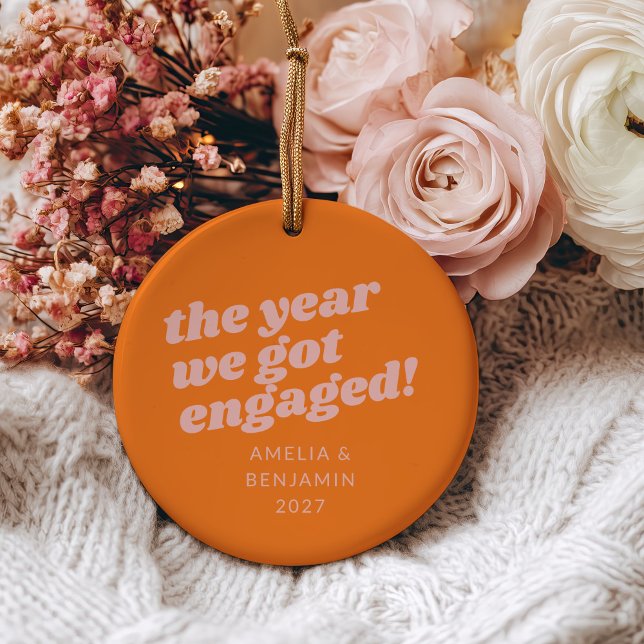 Personalised Pink Orange First Christmas Engaged Ceramic Ornament (Creator Uploaded)