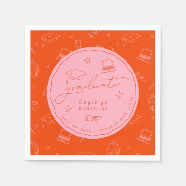 Personalised Pink Orange Graduation Party Napkins (Front)