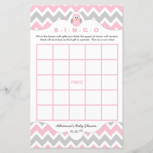 Personalised Pink owl girl baby shower games bingo