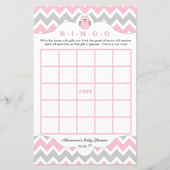 Personalised Pink owl girl baby shower games bingo (Front)