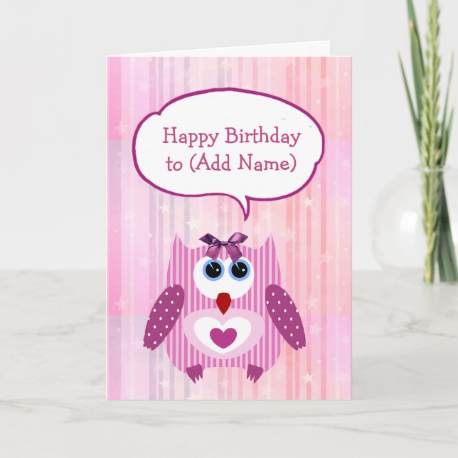 Personalised Pink Owl Happy Birthday Card (Front)