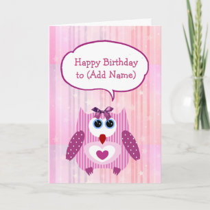 Personalised Pink Owl Happy Birthday Card