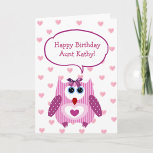 Personalised Pink Owl Happy Birthday Card for Aunt