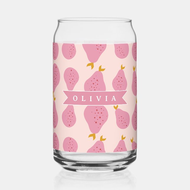 Personalised Pink Pear Pattern Cute Girly Fruit Can Glass (Front)