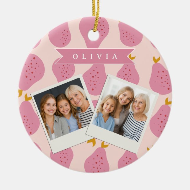 Personalised Pink Pear Pattern Cute Girly Fruit Ceramic Ornament (Front)