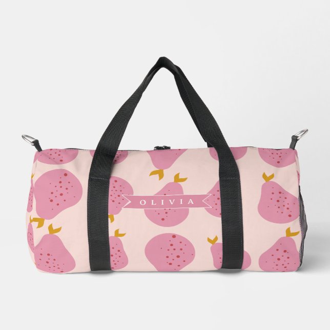 Personalised Pink Pear Pattern Cute Girly Fruit Duffle Bag (Front)