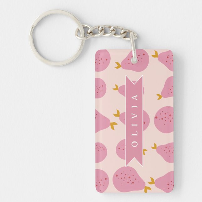 Personalised Pink Pear Pattern Cute Girly Fruit Key Ring (Front)
