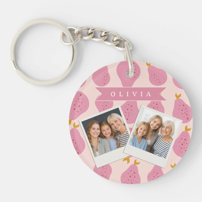 Personalised Pink Pear Pattern Cute Girly Fruit Key Ring (Front)