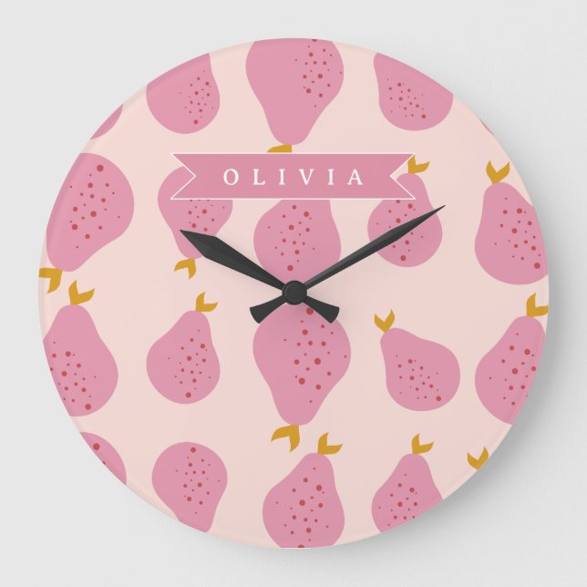 Personalised Pink Pear Pattern Cute Girly Fruit Large Clock (Front)