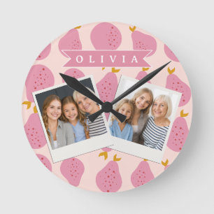 Personalised Pink Pear Pattern Cute Girly Fruit Round Clock