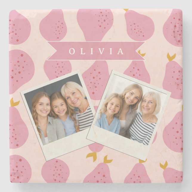 Personalised Pink Pear Pattern Cute Girly Fruit Stone Coaster (Front)