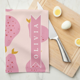 Personalised Pink Pear Pattern Cute Girly Fruit Tea Towel
