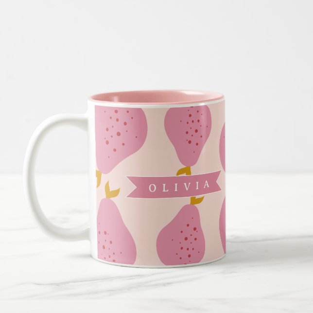 Personalised Pink Pear Pattern Cute Girly Fruit Two-Tone Coffee Mug (Left)