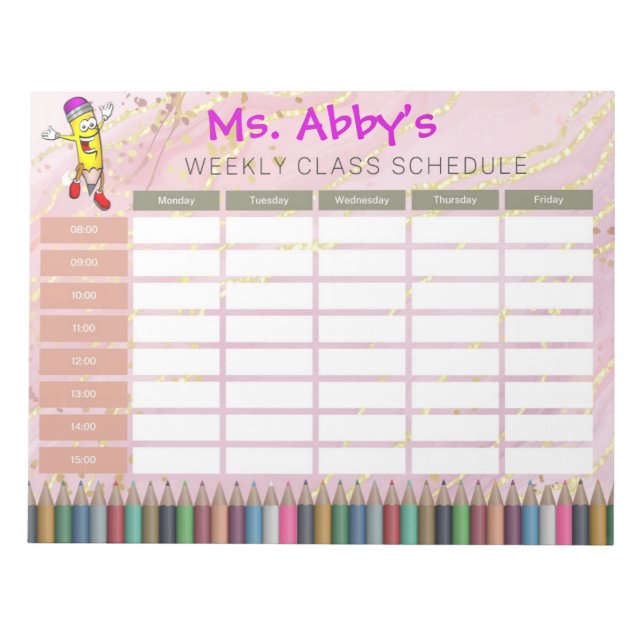 Personalised Pink Pencil Weekly Class Schedule Notepad (Front)