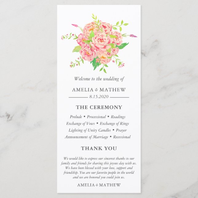 Personalised Pink Peony Wedding Program (Front)