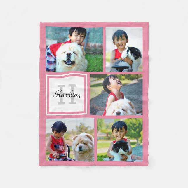 Personalised Pink Photo Collage Monogrammed Gift Fleece Blanket (Front)