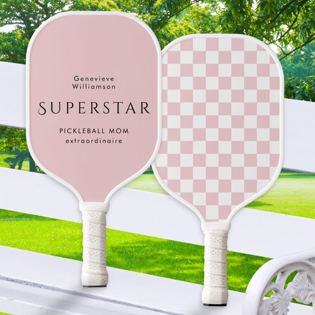 Personalised Pink Pickleball Mum Superstar Custom  Paddle (A pink pickleball paddle with 'Superstar Pickleball Mom' text, personalized name and checkered back)