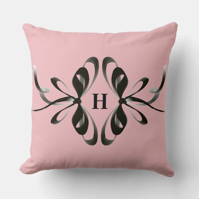 Personalised Pink Pillow with Black Bow Monogram (Front)