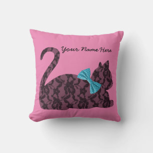 Personalised Pink Pillow with Black Lace Cat