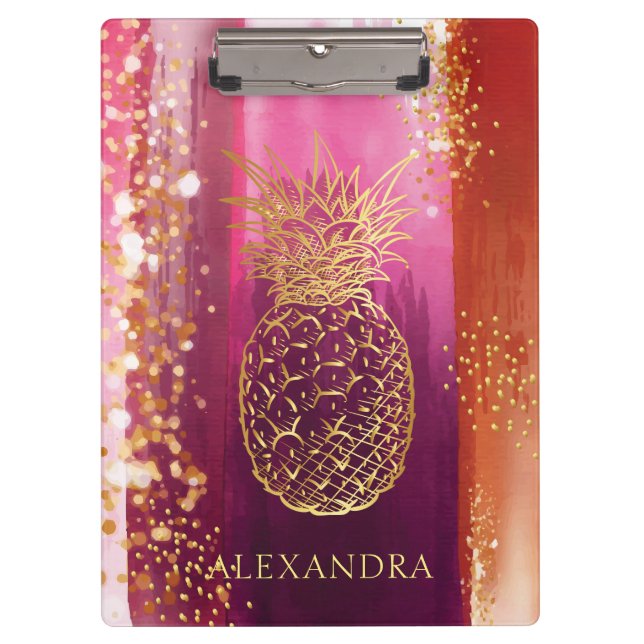 Personalised Pink Pineapple Gold Glitter Clipboard (Front)