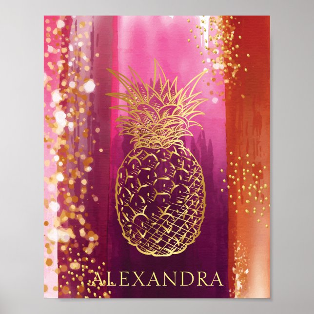 Personalised Pink Pineapple Gold Glitter Poster (Front)