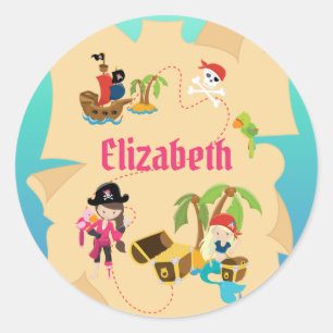 Personalised Pink Pirate Girl Treasure Map Classic Round Sticker