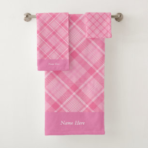 Personalised pink plaid bath towel set