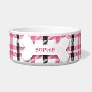 Personalised pink plaid dog bone pet food bowl