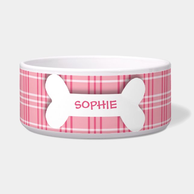 Personalised pink plaid dog bone pet food bowl (Front)
