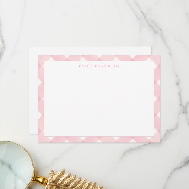 Personalised Pink Plaid Gingham Baby Stationery Thank You Card (Front/Back In Situ)
