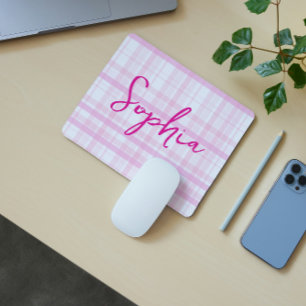 Personalised Pink Plaid Mouse Pad with Name 