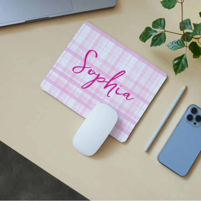 Personalised Pink Plaid Mouse Pad with Name  (Creator Uploaded)