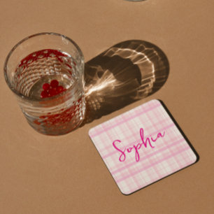 Personalised Pink Plaid Paper Coaster with Name