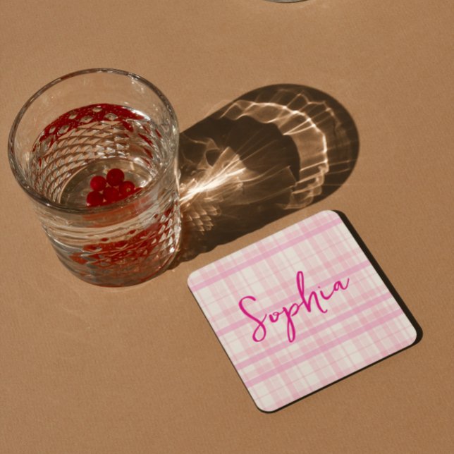 Personalised Pink Plaid Paper Coaster with Name  (Creator Uploaded)