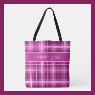 Personalised Pink Plaid Tote Bag with Custom Name