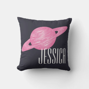 Personalised Pink Planet Hand-Drawn Saturn Navy Cushion