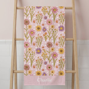 Personalised Pink Polka Dot Flower Kids Beach Towel